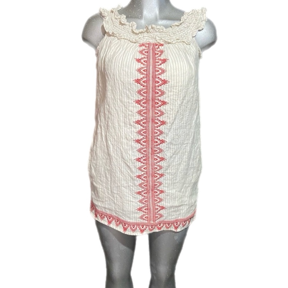 TJD Embroidered Linen Sleeveless Tunic Mini Dress Mexican Peasant Pockets Small